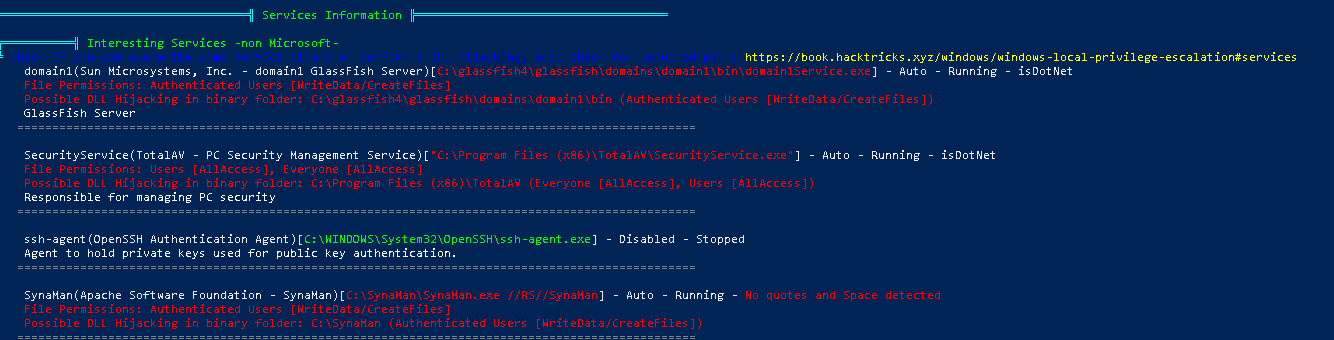 winPEAS interesting-services output listing non-Microsoft services with weak file permissions