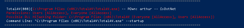 winPEAS flagging the TotalAV service binary as writable by Everyone/Users