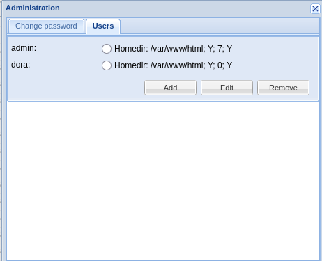 eXtplorer administration panel listing the admin and dora users