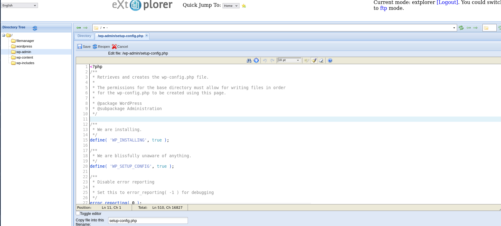 Editing setup-config.php inside eXtplorer's file editor to plant a PHP reverse shell