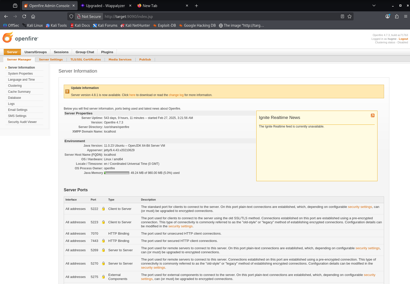 Openfire admin dashboard reached with the CVE-2023-32315 auth-bypass credentials