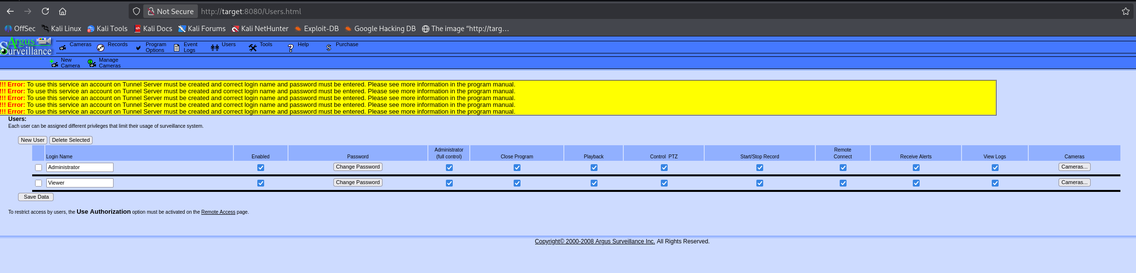 Argus Surveillance DVR admin panel Users tab listing configured accounts