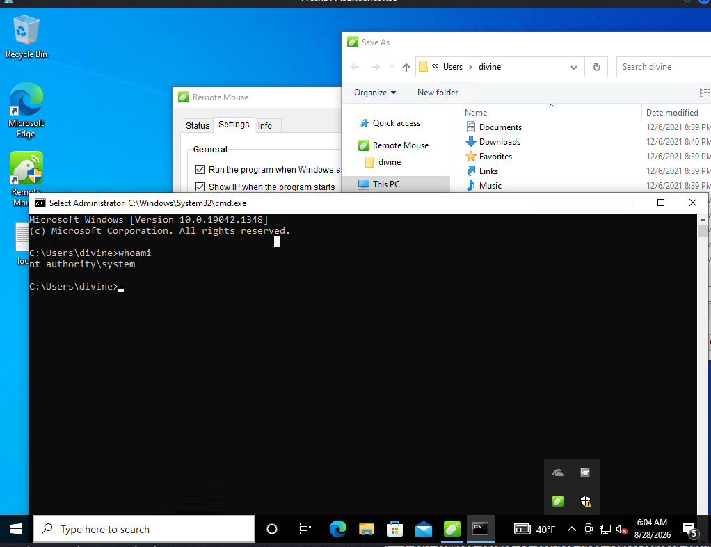 RDP session showing a SYSTEM-privileged cmd.exe spawned via Remote Mouse's file-save dialog