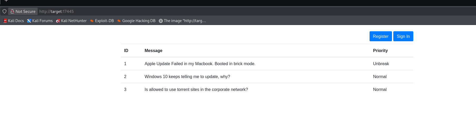 Issue Tracker app on port 17445 listing three issues with a priority column
