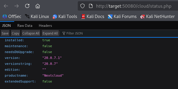 NextCloud status.php JSON response showing version 20.0.7.1