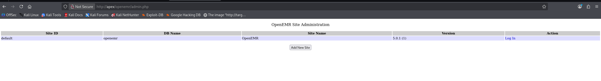 OpenEMR admin.php page leaking the site's DB name and version 5.0.1 (1) without authentication