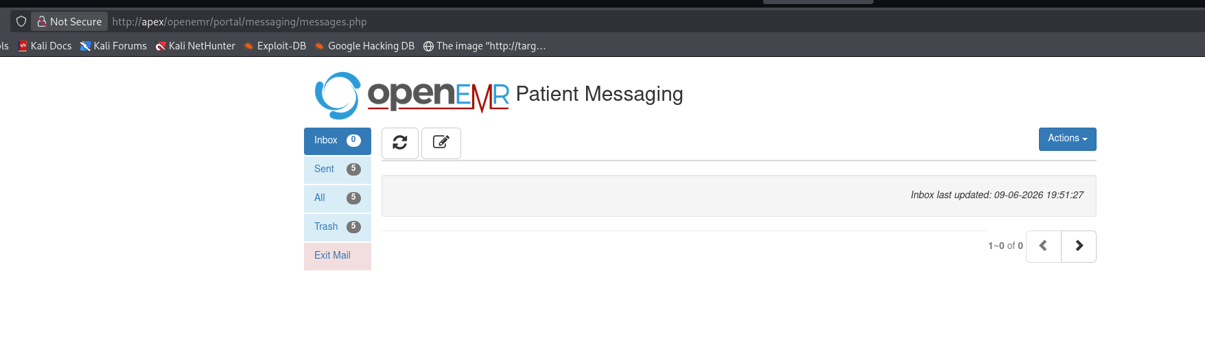OpenEMR Patient Messaging portal reached unauthenticated, showing an empty Inbox