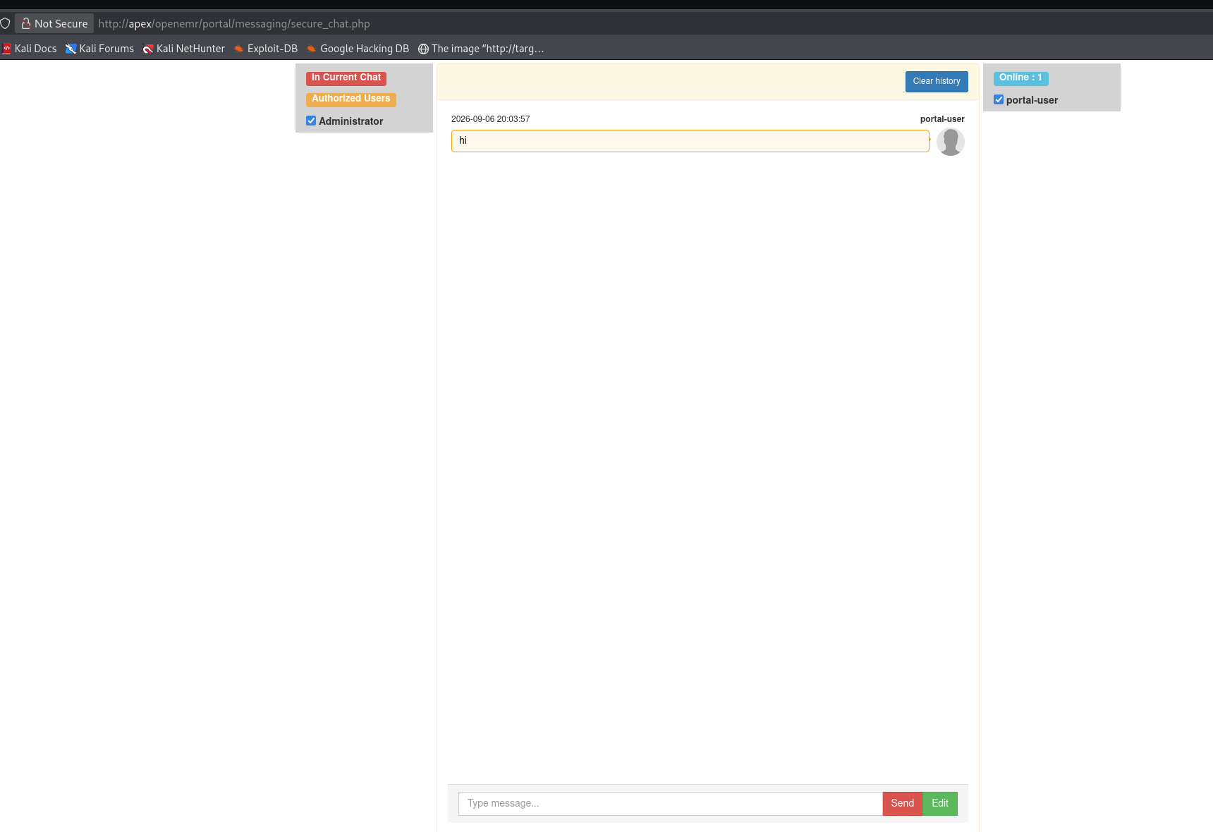 OpenEMR secure_chat.php reached as portal-user, showing an active chat with Administrator