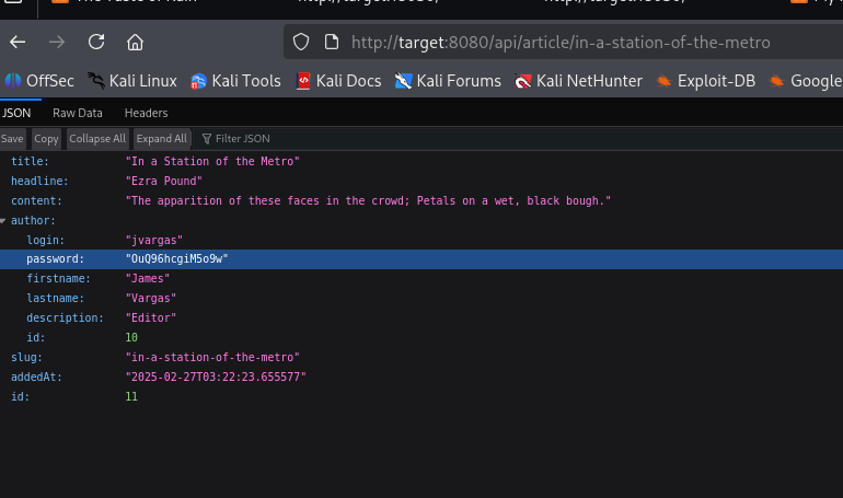 API JSON response for /api/article/in-a-station-of-the-metro leaking author login jvargas and a password field