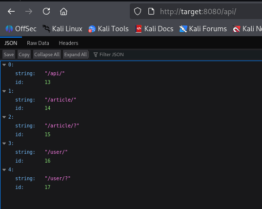 API JSON response for /api listing the /api/, /article/, and /user/ endpoints