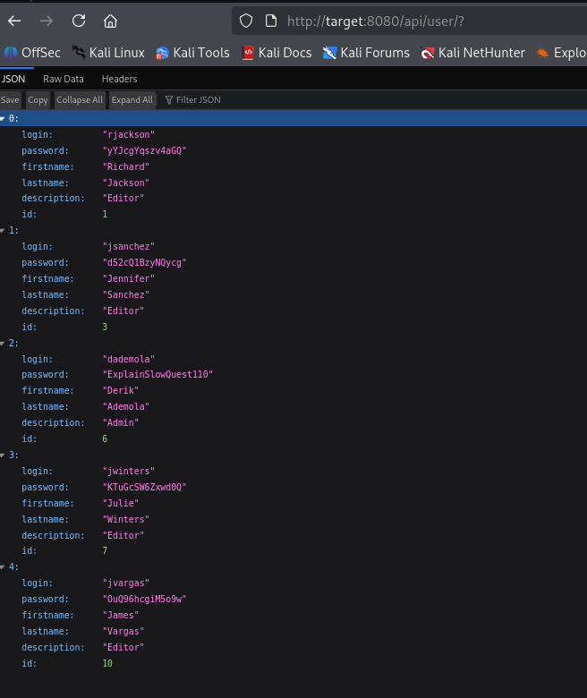 API JSON response for /api/user/? listing five users including dademola with an Admin description and plaintext-looking password