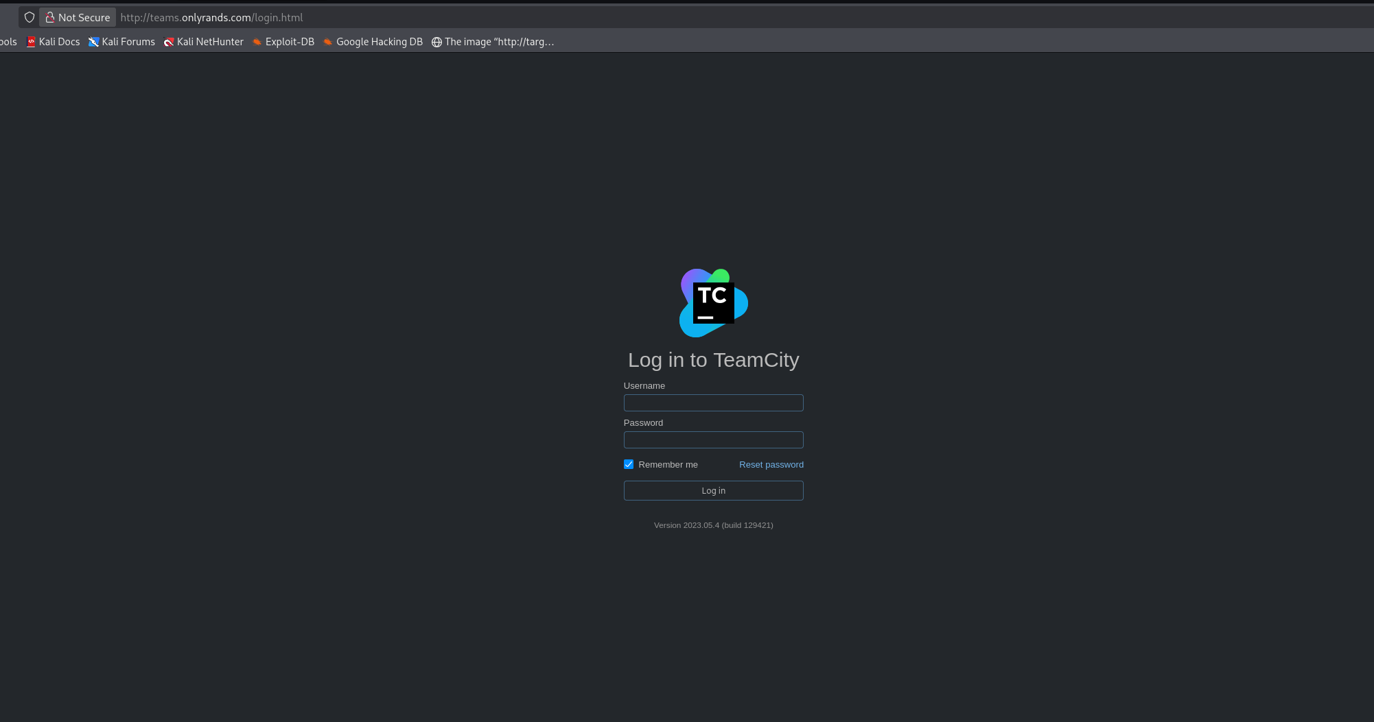 TeamCity login page showing Version 2023.05.4 (build 129421)