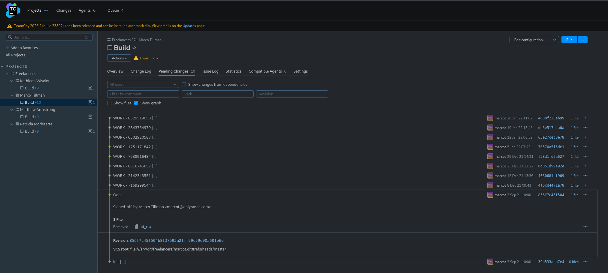 TeamCity Pending Changes view for Marco Tillman showing an "Oops" commit that removed the file id_rsa