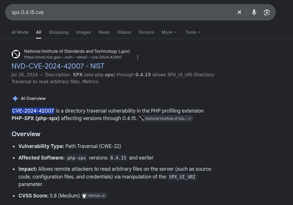 Search results for CVE-2024-42007, a path-traversal vulnerability in php-spx through 0.4.15 via the SPX_UI_URI parameter