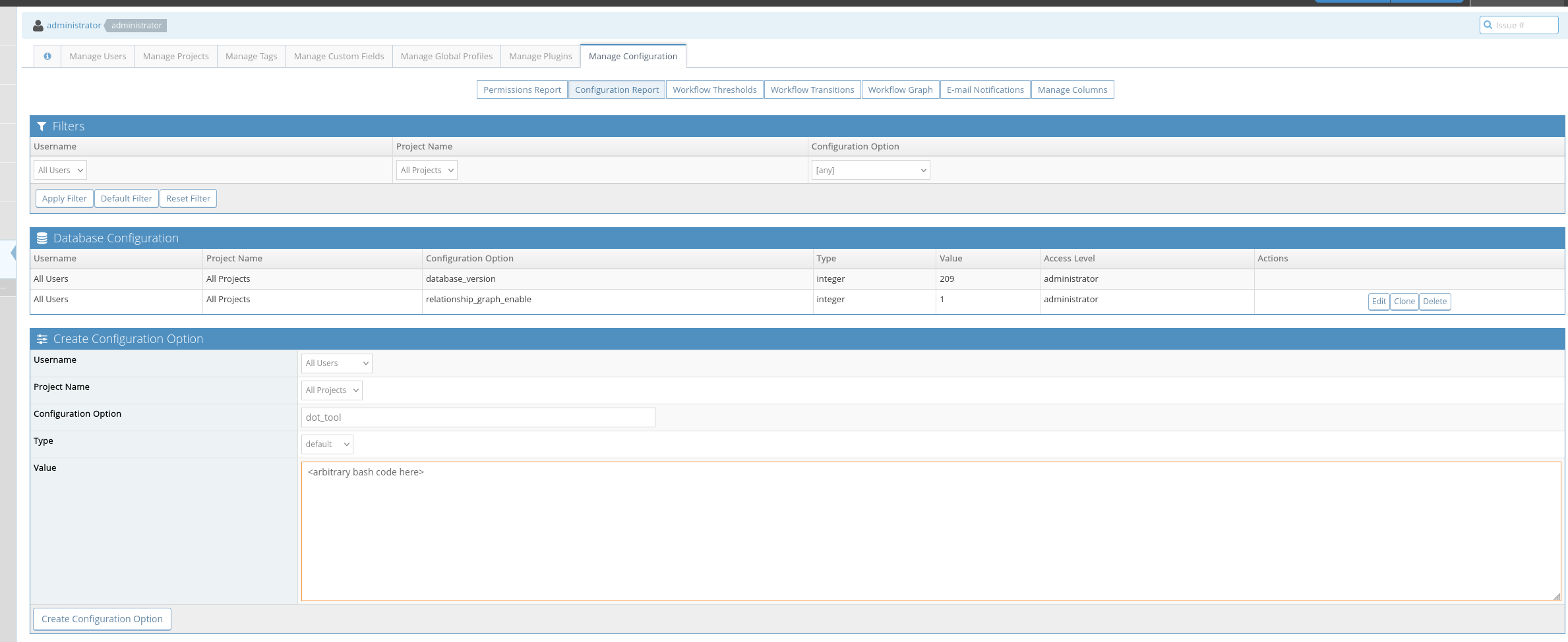 MantisBT Manage Configuration screen creating a dot_tool configuration option with an arbitrary bash code value