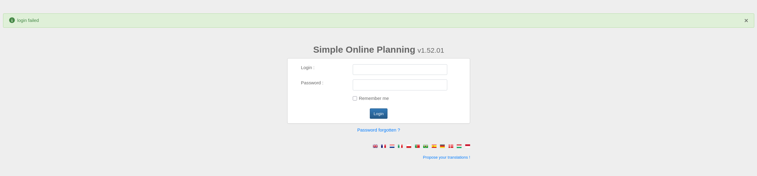 SOPlanning v1.52.01 login page showing a "login failed" banner