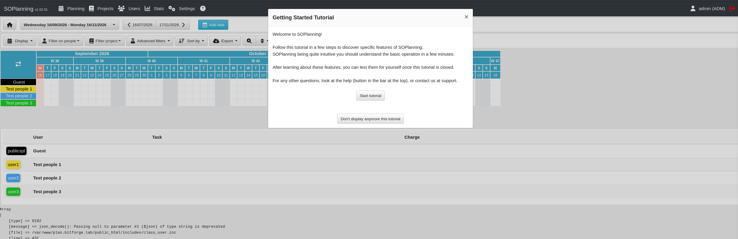 SOPlanning admin dashboard reached after resetting the admin password hash to the default, showing a Getting Started Tutorial modal